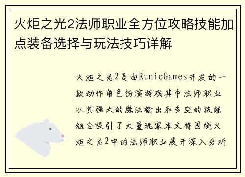 火炬之光2法师职业全方位攻略技能加点装备选择与玩法技巧详解